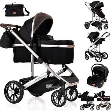 3 in 1 Baby Pram Travel System with Car Seat Lightweight Buggy Foldable Pushchair for Newborn and Toddlers up to 22kg New 2025 Style (Black - Silver)