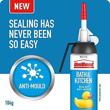 UniBond Bath & Kitchen Sealant, Mould Resistant White Silicone Sealant Ideal for Showers, Toilets, Tiles, Worktops & More, Durable & Waterproof, Easy Bathroom Sealant, 1x104g Pressure Pack