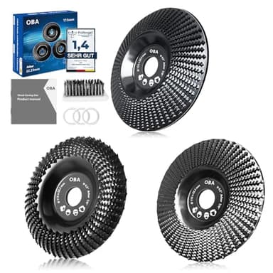 OBA Wood Grinding Disc for Angle Grinder 115 mm, Pack of 3 Wood Grinding, Tree Stump Removal, Milling Disc for Grinding, Carving Shapes, Automatic Cooling Hole