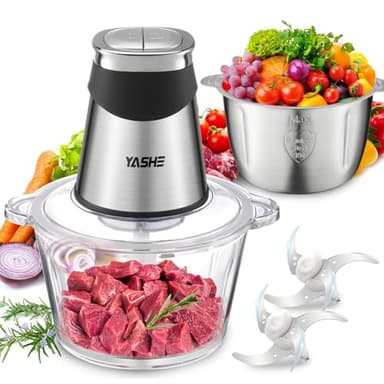 YASHE 1.8L+2L Electric Food Processors & Chopper with Glass and Stainless Steel Bowl,500W Meat Grinder with 2 Speeds, 2 Sets of Blades