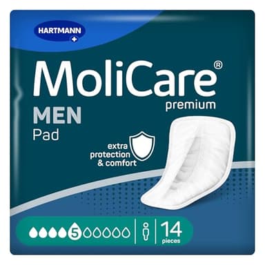 MoliCare Premium Men Pad 5 Drops Incontinence Pads for Men, Protection for Moderate Leaks with Anti-Leak Guards, Instant-Dry Feeling, Advanced Skin Protection, 14 Pieces
