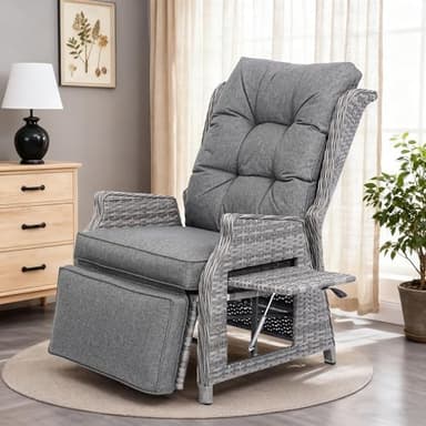 COMLAX FIELD Garden Recliner Chairs, Rattan Reclining Sunlounger with Thick Cushions, Adjustable Sun Lounger with Flip Table for Indoor Outdoor, Dark Grey