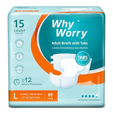WhyWorry Adult Nappies for Women and Men, Disposable Adult Diapers for Incontinence with Overnight Absorbency, Odor Control, Unisex, Large, 15 Count