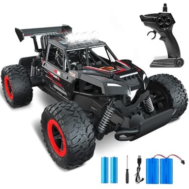 1:14 RC Car for Adults & Kids, 2.4GHz High-Speed Off-Road Remote Control Car with LED Headlights, 20KM/H 4-Wheel Shock Absorption PVC Frame, 2×7.4V Rechargeable Batteries, Black Red, Gift for Age 3-12