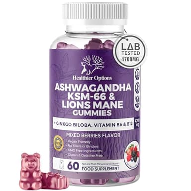 Ashwagandha KSM-66 and Lions Mane Gummies 4700mg | Enhanced with Ginkgo Biloba, B6, B12 & Magnesium | for Body, Mind & Cognitive Health | High Strength | 3-in-1