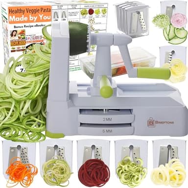 Brieftons 7-Blade Vegetable Spiralizer: Strongest-Heaviest Spiral Slicer, Best Veggie Pasta Spaghetti Maker for Low Carb/Paleo/Gluten-Free Meals, with Blade Caddy, Container, Lid & 4 Recipe Ebooks