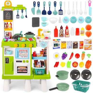 Toddlers Kitchen Playset Toys, Kitchen Set Toys 54 pcs, Height-adjustable, Double-Sided Design, Girls Boys Play Kitchen with Sounds, Lights, Cooking Stove, Play Sink for 3-8 years old, 100 * 45CM