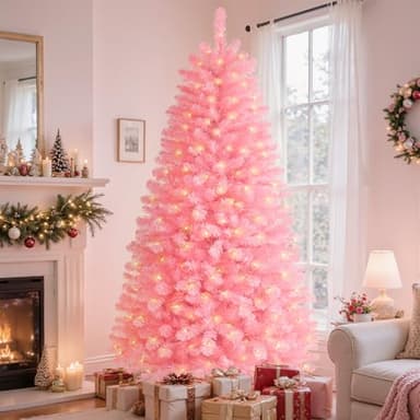 SHareconn 7ft Pre Lit Christmas Tree with 320 Warm White LED Lights, 8 Adjustable Lighting Modes, 1076 Branch Tips, Foldable Metal Stand, Artificial Christmas Trees for Home Party Decoration, Pink