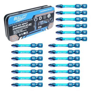 BULLITT Screwdriver Bits Set,20 Pcs 50mm PZ2 Impact Screwdriver Bits with 1/4" Hex Shank, Single Ended Impact Driver Bits PoziDriv No.2 Heavy Duty,S2 Steel with magnetised tip in one tin Box
