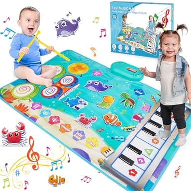 Musical Toys for 1 2 3 Year Old Boys Girls, 3 in 1 Animal Musical Mat with 19 Sounds & Rcording Function Toddler Toys 1 2 3 Year Old Girl Boy Gifts, 1st Birthday Gifts for Boy Girls Educational Toys