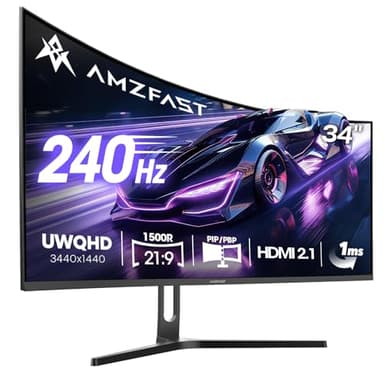 Amzfast 34-Inch Curved Gaming Monitor, 3440x1440 WUQHD, 240Hz, 1ms MPRT, Fast VA Curved Screen, 1500R, Adaptive Sync, HDR, sRGB 130%, 3000:1 Contrast, HDMI2.1&DP1.4, VESA Mount, PIP/PBP, AMZG34C5QPro