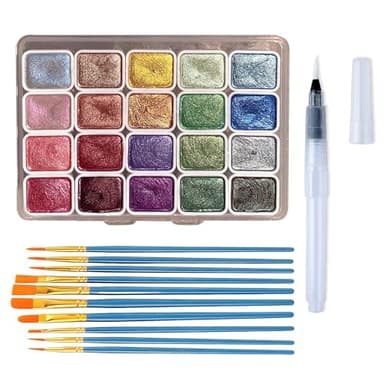 pozuauoa 12Pcs Watercolour Paint Set Pearlescent Watercolour Paints with 11pcs Paintbrushes, Portable Water Colour Paints Sets for Beginners and Painting Enthusiasts Solid Glitter Watercolor Paint