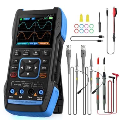 Oscilloscope Multimeter 2 Channel, WapoRich 3 in 1 Handheld Signal Generator Oscilloscope with 10MHz, 50 MSa/s, TRMS 9999 Counts, 7 Signal Waveforms, 32KB Storage Depth, Online Update