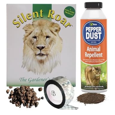 Cat Deterrent For Gardens UK Bundle - Silent Roar Cat Repellent, Vitax Pepper Dust & 50m Reflective Tape - Stop Cats Pooping in Garden. The Effective Cat Poo Deterrent Garden Solution
