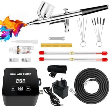 Queltrix Airbrush Kit with Compressor: Precise Digital 15-25PSI Adjustment, Dual-Action Air Brush with 0.2/0.3/0.5mm Nozzles, Applied for Cake Decorating Model Painting Cosmetic Nail Art