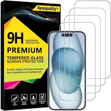 4youquality [4-Pack Screen Protector for iPhone 15 (6.1-Inch), Tempered Glass Film, Case Friendly, Impact-Protection, Ultra HD, LifetimeSupport