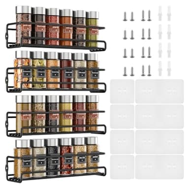 Priksia Spice Rack Wall Mounted - 4 Pack Spice Rack for Inside Cupboard With Adhesive Sticker and Screws for Kitchen & Inside Cupboard Spice Jars and Condiments Tidy Storage