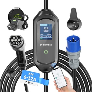AFYEEV EV Charger - Type 2 to 3 Pin Commando Plug, Adjustable Current 8/10/13/16/32A, 6Meter, IP65 Rated, 7.2kW, Delay Timer 1-12 Hours, Carry Bag Included