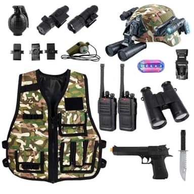 KalaDuck Army Costume for Kids, 12PCS Army Accessories with Tactical Airsoft Helmet, Military Vest, Toy Gun, Walkie-Talkie, Role Play Halloween Toys Soldiers Camouflage Costume for Boys Girls