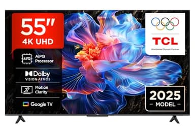 TCL 55V6C-UK 55" 4K Ultra HD, HDR TV, Smart TV Powered by Google TV (Dolby Audio, Voice Control, compatible with Google assistant, Chromecast built-in, 2025 New Model)