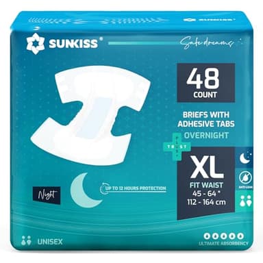 SUNKISS Adult Nappies with Ultimate Absorbency, Overnight Adult Diapers for Men and Women, Long-Lasting Dryness, Odor Control, XLarge, 48 Count (4 Packs of 12)