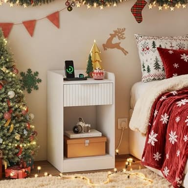 YOSHOOT Nightstand with Charging Station and NFC Lock Cabinet, Bedside Table with Hidden Compartment for Valuables Storage, End Table with Drawer and Shelf for Living Room Bedroom,35*35*60cm (White)