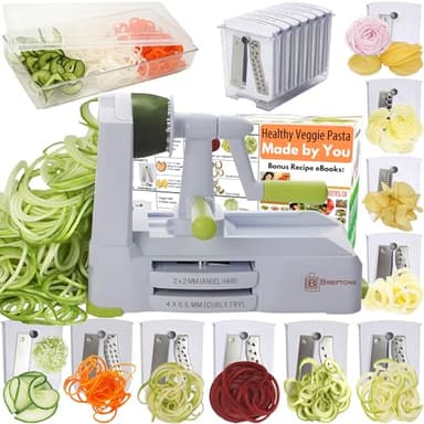 Brieftons 10-Blade Vegetable Spiralizer: Strongest-Heaviest Spiral Slicer, Best Veggie Pasta Spaghetti Maker for Low Carb, Paleo, Gluten Free Meals, with Blade Caddy, Container, Lid & 4 Recipe Ebooks