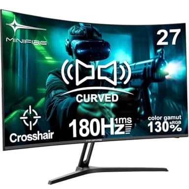 Minifire 27 Inch Gaming Monitor, 180Hz, Curved Gaming Monitor, Built in Speaker, Crosshair, 1Ms, sRGB130%, FHD 1080P Computer Screen, VESA Compatible, Eye Care Adaptive Sync HDMI＆DP Prots (MFG27C1)