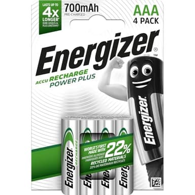 Energizer Recharge Power Plus - Rechargeable AAA Batteries (4 Pack) - 700 mAh NiMH Triple A Battery - 100% Recyclable Plastic Free Packaging