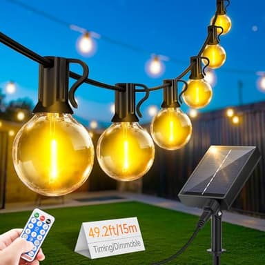 Solar String Festoon Lights Outdoor - Remote Control 15M / 49.2ft USB Rechargeable IP44 Waterproof LED Garden Lights Weatherproof Solar Powered Outside Light for Gazebo Pergola Patio