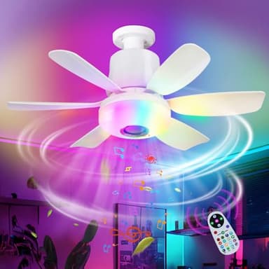 Lights Bulb Ceiling Fan with Bluetooth Speaker and Remote RGB Music White Dimmable Led Fan Light for Bedroom 32W E27 Base 3 Colors 3 Speeds Screw In Ceiling Lamps Socket Fan UK (Base Not Included)