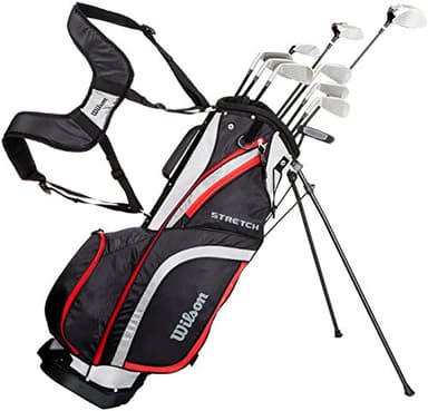Wilson Beginner Complete Set, 10 extended length (+1 in) golf clubs with stand bag, Men's (right hand), Stretch XL, Black/Grey/Red, WGG157552
