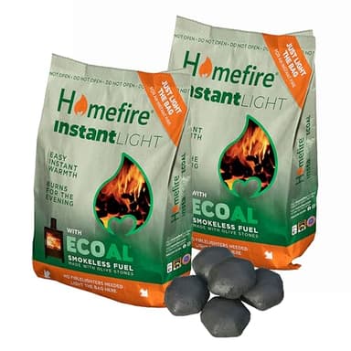 Homefire Instant Light Smokeless Coal Fire - Very Easy To Light 2 x 3kg Smokeless Ecoal Fuel Made with Olive Stones for Open Fire and Multi Fuel Stoves. Suitable for Smokeless Zones, Burns over 3hrs