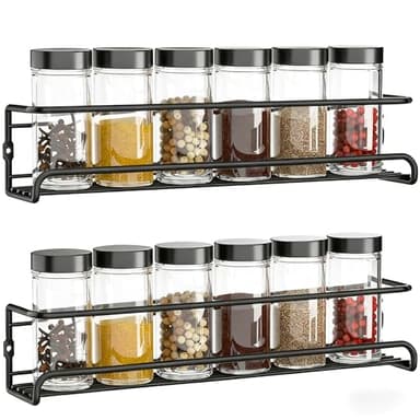 Bitone Spice Racks Organiser,2 Tier Hanging Stainless Steel Spice Racks Wall Mounted,with Adhesive Stickers and Screws Kitchen Pantry Shelf for Spices and Condiments, Jars (Black)