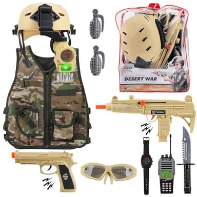 deAO Military Soldier Camouflage Desert War Costume Set with Helmet, Toy Shotgun, Grenades, Accessories, and Storage Backpack, Army Roly Play Toys, Washable Soldier Dress- Great Gift for Kids
