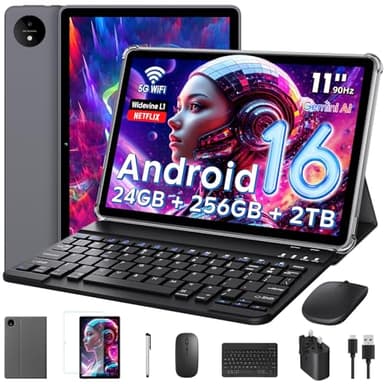 Android 16 Tablet 11 Inch with Gemini AI, T7250 Octa-Core, 24GB RAM + 256GB ROM /2TB TF, 16MP+8MP, 1920x1200 IPS HD Display, 8000mAh, Widevine L1, GPS, 2 in 1 Tablets with Keyboard Mouse Stylus