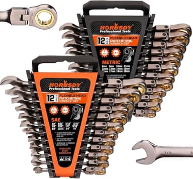HORUSDY 24-Piece Flex-Head Ratcheting Wrench Set | Metric and SAE | Ratchet Combination Spanner Set with Organizer | 72-Teeth | Chrome Vanadium Steel | 8-19 mm & 1/4” to 7/8“