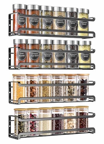 FOTINOR Spice Rack Wall Mounted 4 Pack, Space-Saving Spice Organiser with Adhesive and Screws – Spice Jar Storage Shelf for Inside Cupboard & Kitchen Door(Black)