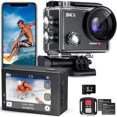 Hiicam Action Camera 5K 30FPS Waterproof Camera Underwater 131FT with EIS WiFi App Remote Control 64GB Card 170° Wide Angle Sports Helmet Bike Video Black with 64GB Card