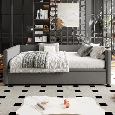 Merax Upholstered Single Bed, 3FT DayBed, 90x190cm Trundle Bed,SofaBed, Pull Out SofaBed for Adults & Teenagers, Grey Linen