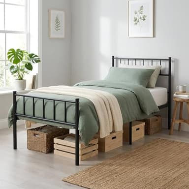 Harbour Housewares 3ft Single Metal Bed Frame Black – Heavy Duty Steel Bed with Headboard Footboard and 36cm Underbed Storage – Fits 190 x 90cm Mattress – Strong Metal Slats Max Weight 110kg