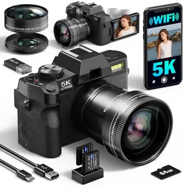 5K Digital Camera, 64MP/60FPS Cameras for Photography, Video/Vlogging Camera for Youtube, WiFi & App Control and Wide-Angle & Macro Lens, Perfect for Entry-Level Users and Beginners(64GB TF Card)