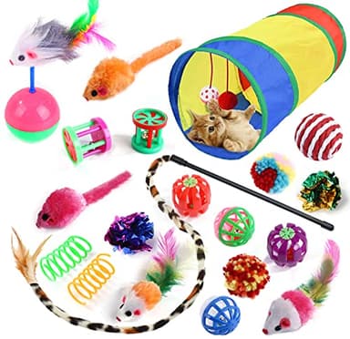 20 Pcs Cat Toys for Indoor Kitten, Collapsible Tunnel, Interactive Feather Wand Ball Spring Mice Toy for Puppy Kitty
