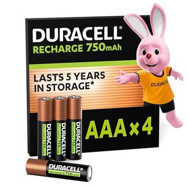Duracell AAA Rechargeable Batteries (Pack of 4), 750 mAh NiMH, 1000 cycles, pre-charged, Long Lasting Power with a 0% plastic 100% recyclable packaging