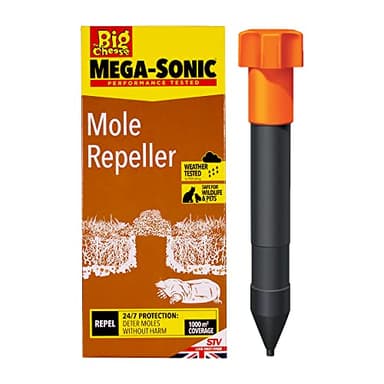 Defenders Mega-Sonic Mole Repeller Stake (Battery Powered, Hi-Vis, Humane, Natural Mole Deterrent) - STV645, Multicolour, 8.5x12x28 cm