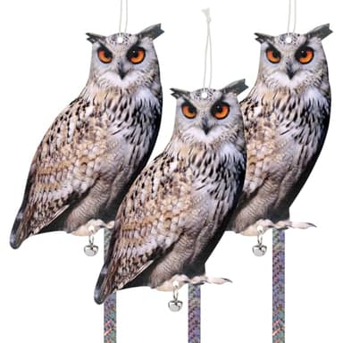 Lifreer Owl Decoy to Scare Birds Away, 3PCS Bird Scare Device Reflective Hanging Bird Decoration Effective Bird Control Device to Keep Birds Pigeon Woodpecker Away from Patio Garden