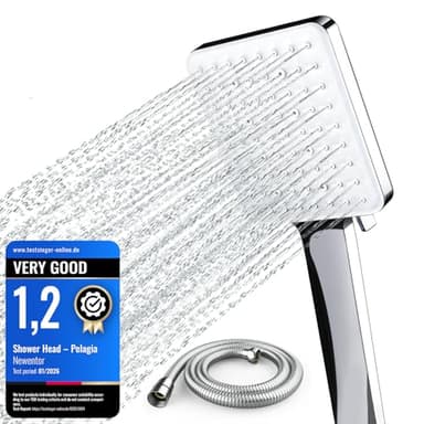Newentor Shower Head with Hose[TESTSIEGER], High Pressure with Hose Set 1.5m, Universal Shower Head with 6 Settings Spray Mode, Silver