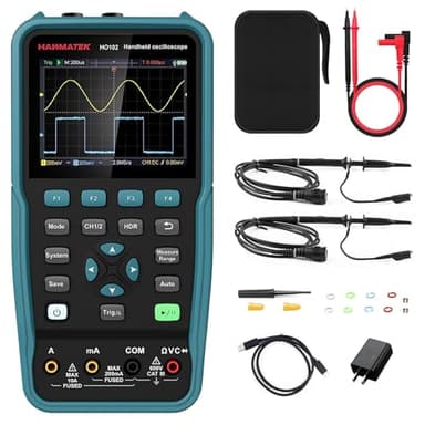 HANMATEK Handheld Digital Oscilloscope 100MHz Bandwidth 2-Channel HO102 3.5"TFT Mini, 2-in-1 Oscilloscope and Multimeter, Backlit Screen, Auto-Calibration Function, Memory Function
