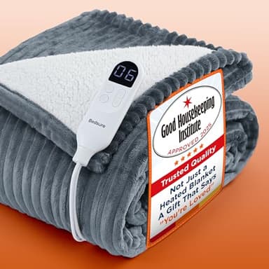 Bedsure Heated Blanket Electric Throw - Ribbed Flannel Electric Blanket, Heating with 10 Time Settings, 6 Heat Settings, Overheat Protection, 130x160cm, Striped Grey
