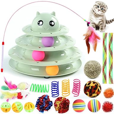Suhaco 21 Pack Cat Toys for Indoor Cats Interactive Kitten Toy Fun Roller 3 Level Cats Ball Toys with Catnip Ball Self Play Cat Feather Wand Kitty Toy for Boredom (Green)